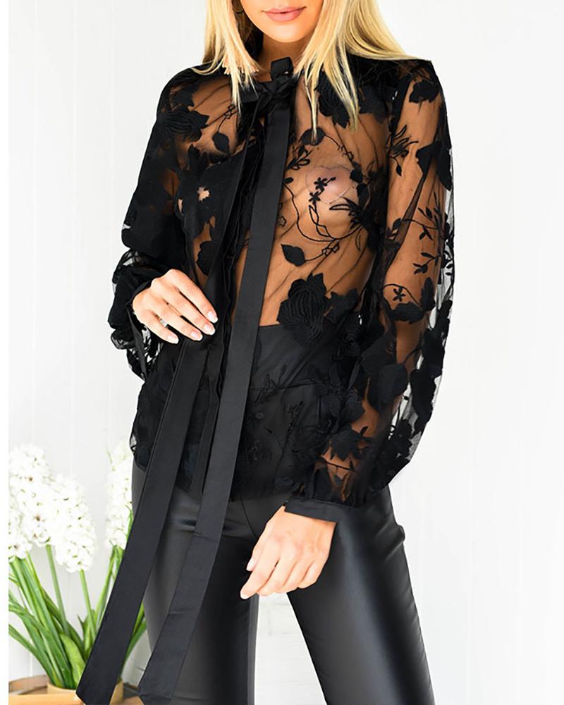 Floral Lace Embroidery See Through Tied Neck Shirt