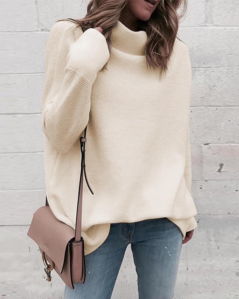 Outlet26 Solid Long Sleeve High Neck Sweater Apricot