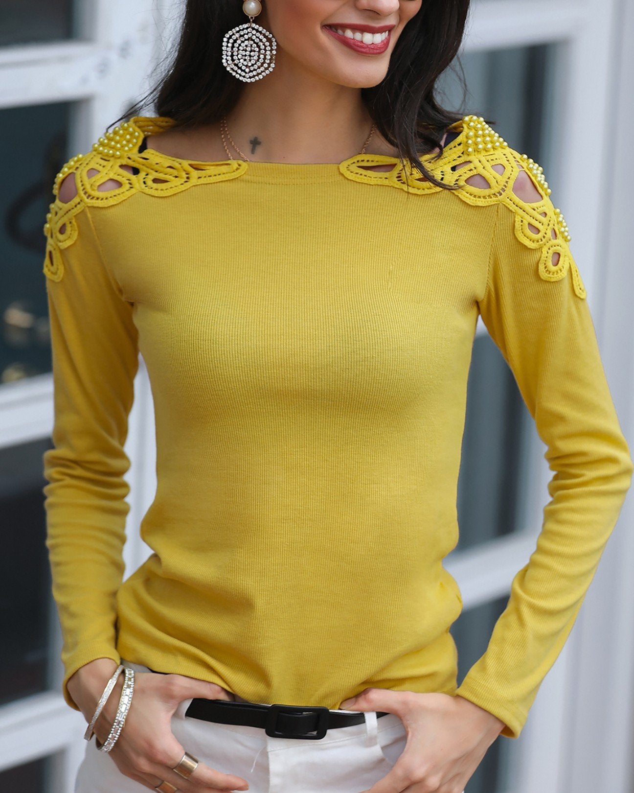 Solid Hollow Out Pearl Beaded Blouse