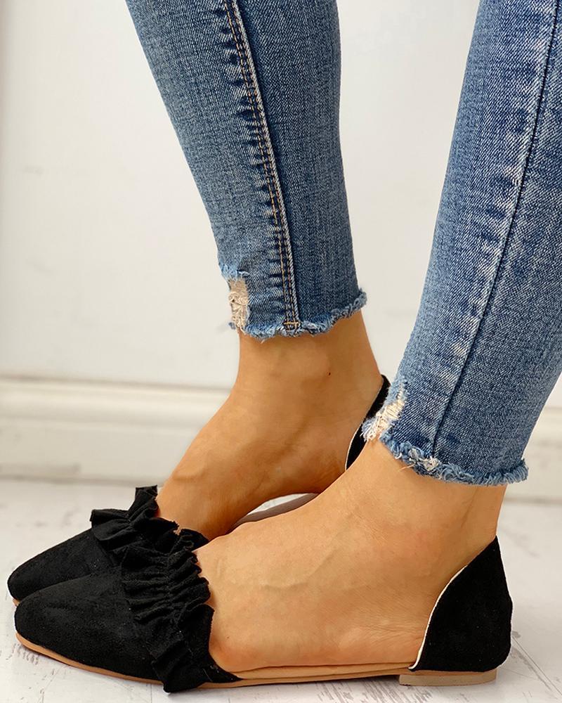 Suede Pointed Toe Frill Flat Shoes