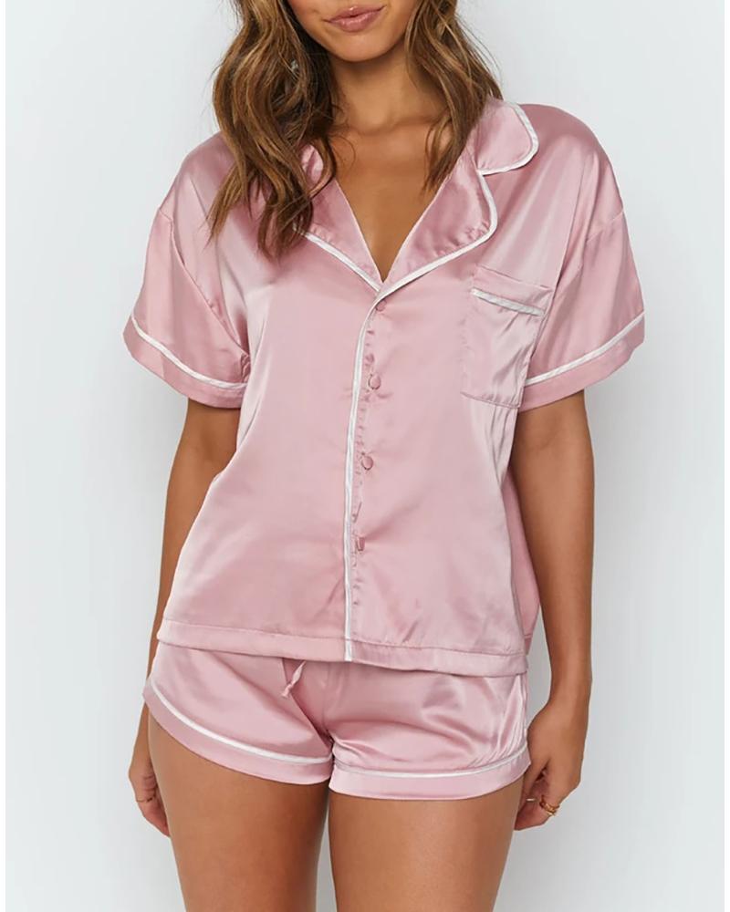 Colorblock Satin Short Sleeve Pajamas Set