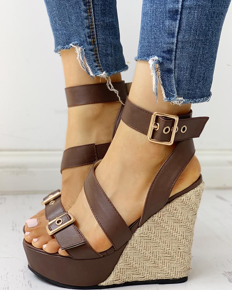 Outlet26 Buckled Detail Espadrille Wedge Sandals coffee