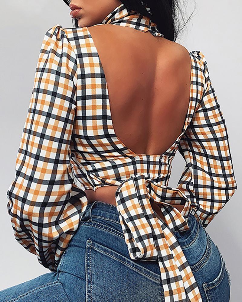 Outlet26 Grid Backless Tied Cut Out Blouse yellow
