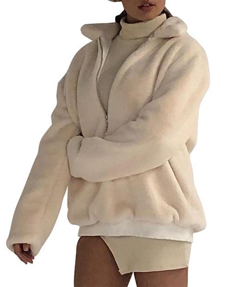 Solid Fluffy Zip Front Jacket