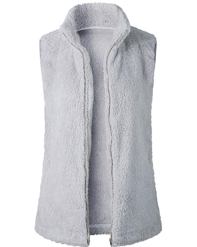 Fluffy Zipper Pocket Design Sleeveless Coats