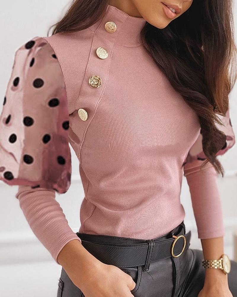 Outlet26 Mesh Dot Puffed Sleeve Buttoned Blouse pink