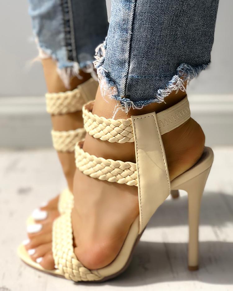 Hot Summer Knitted Ankle Strap Peep-toe Heeled Sandals