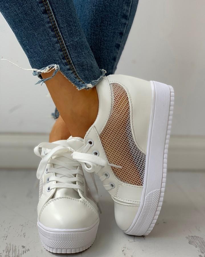Fishnet Insert Breathable Lace-Up PU Sneakers