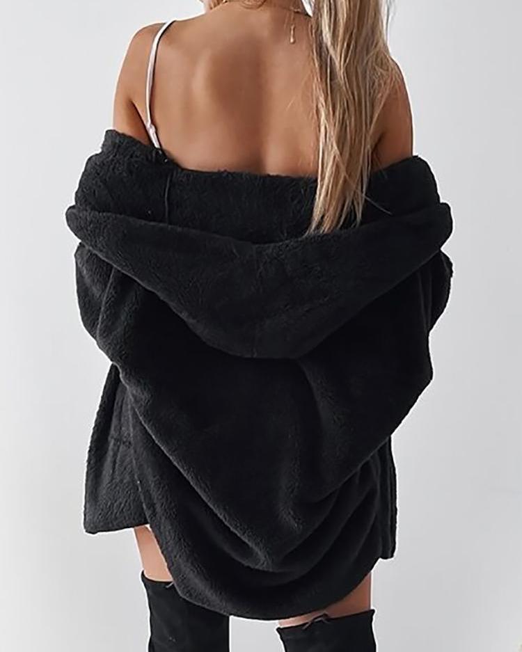 Fluffy Long Sleeve Open Front Hooded Coats