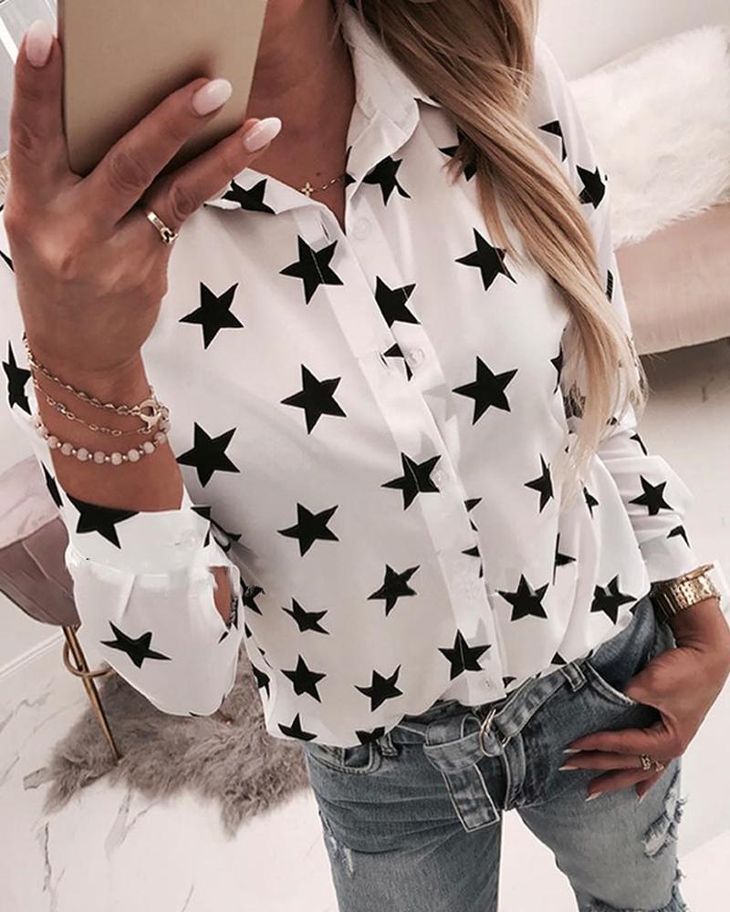 Outlet26 Star Pattern Print Long Sleeve Shirt white