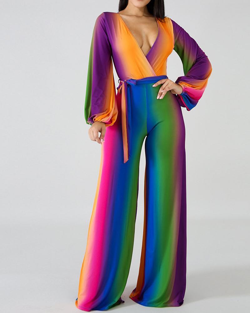 Outlet26 Rainbow Deep V Flare Jumpsuit MultiStyle