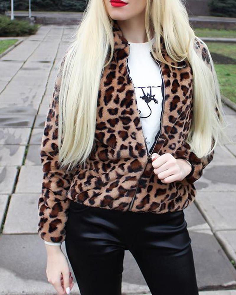 Leopard Zip Front Fleece Jacket