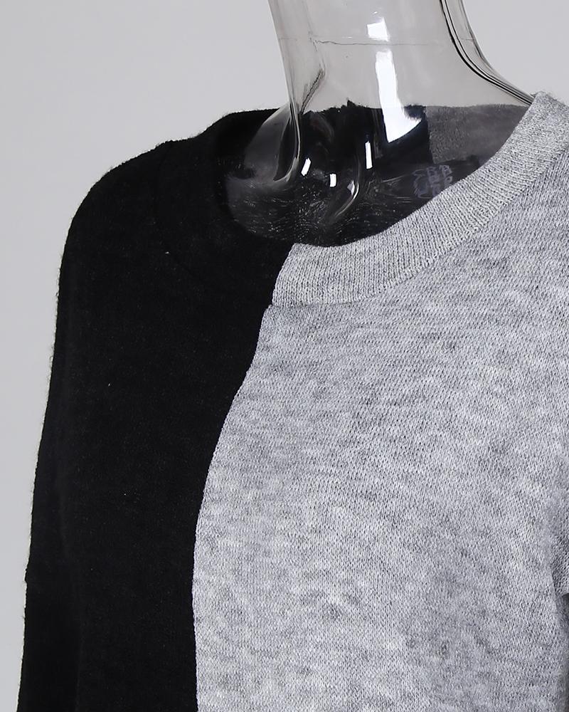 Round Neck Colorblock Insert Long Sleeve Blouse
