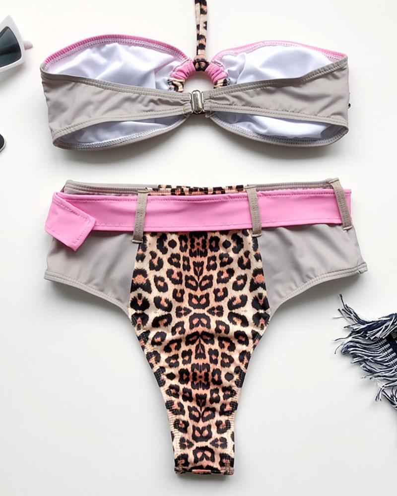 Halter Colorblock Leopard Print O Ring Bikini Set