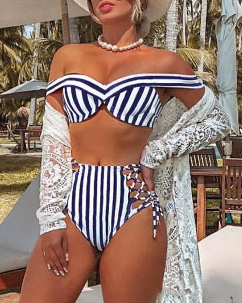Color Block Striped Off Shoulder Sleeveless 2-Piece Bikini Sets