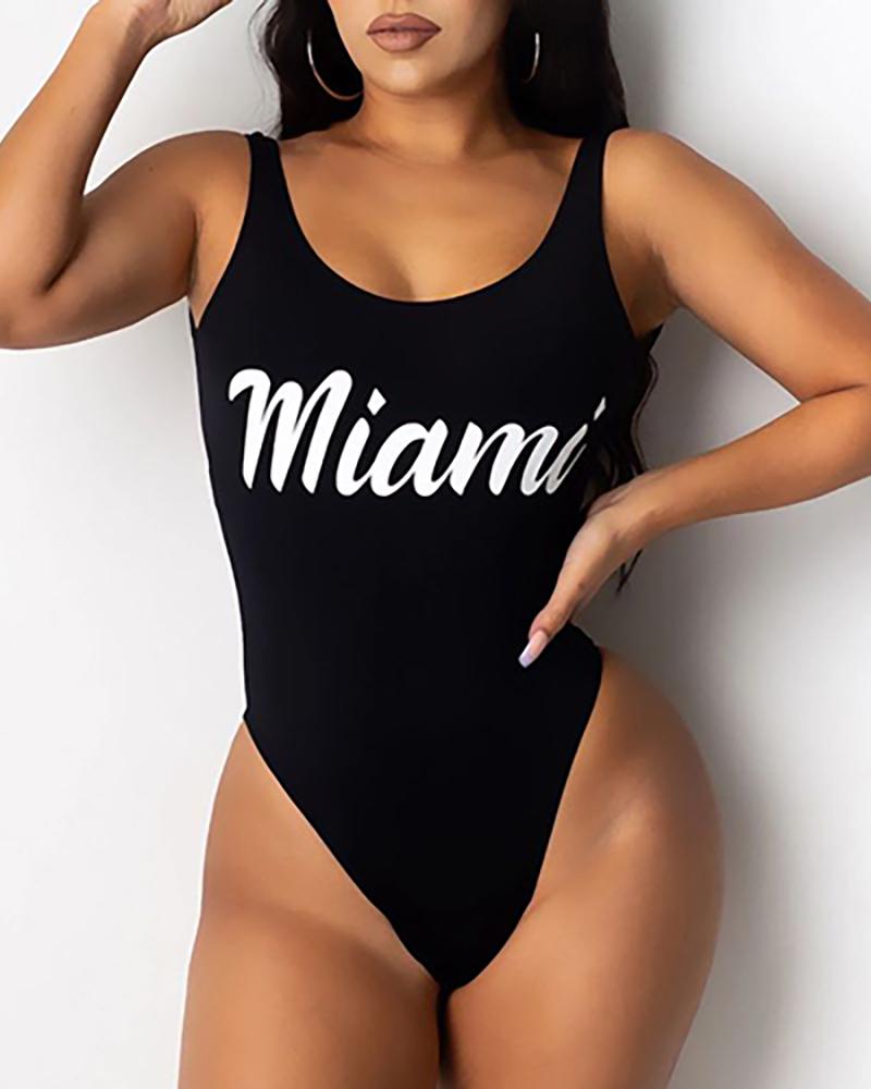 Letter Print Backless One Piece Swimsuit