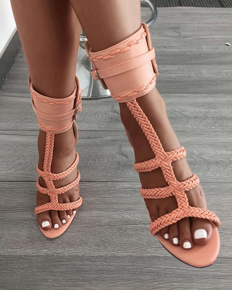 Knitted Strap Anklet Buckle Open Toe Heeled Sandals