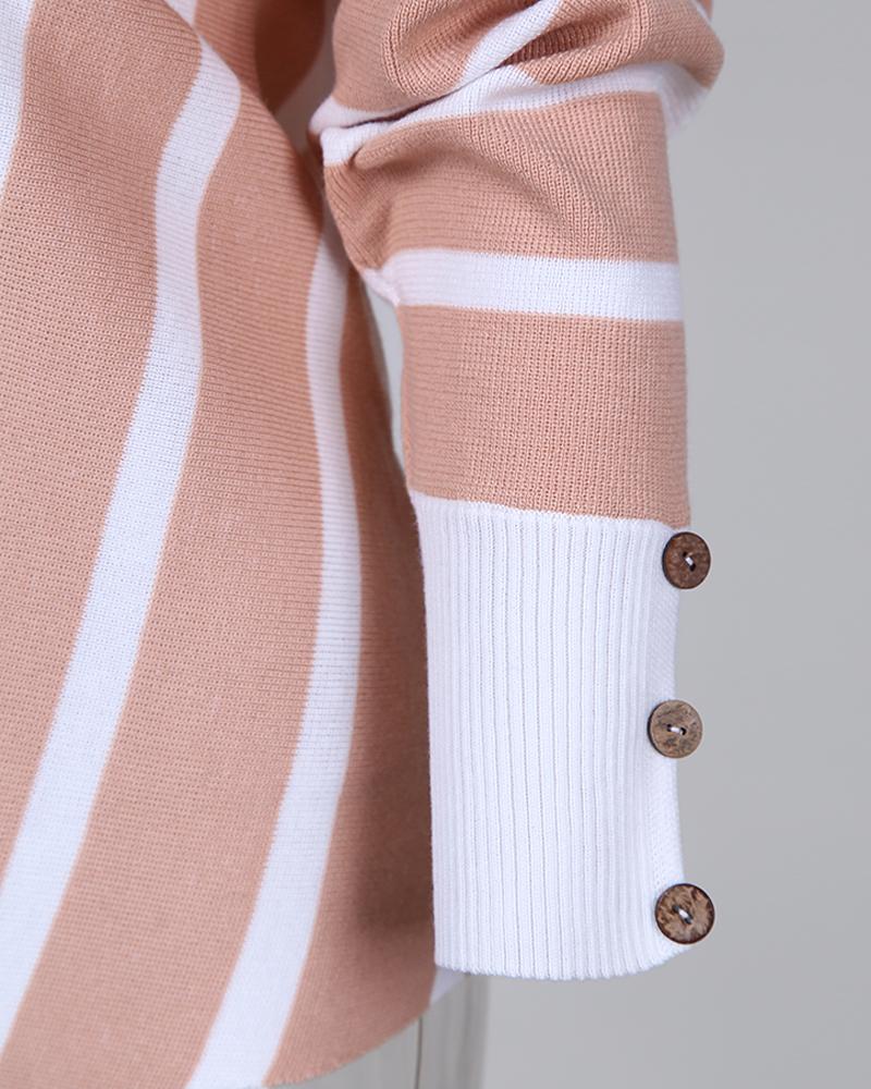 V Neck Popper Cuff Striped Casual Sweater