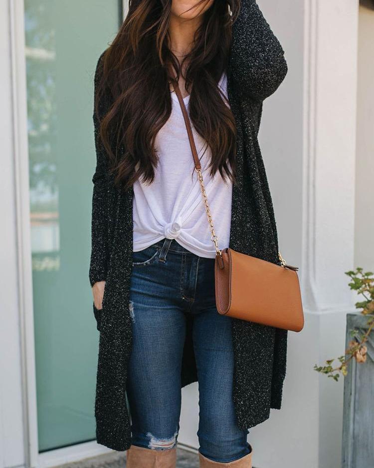 Long Sleeve Open Front Pocket Casual Cardigans