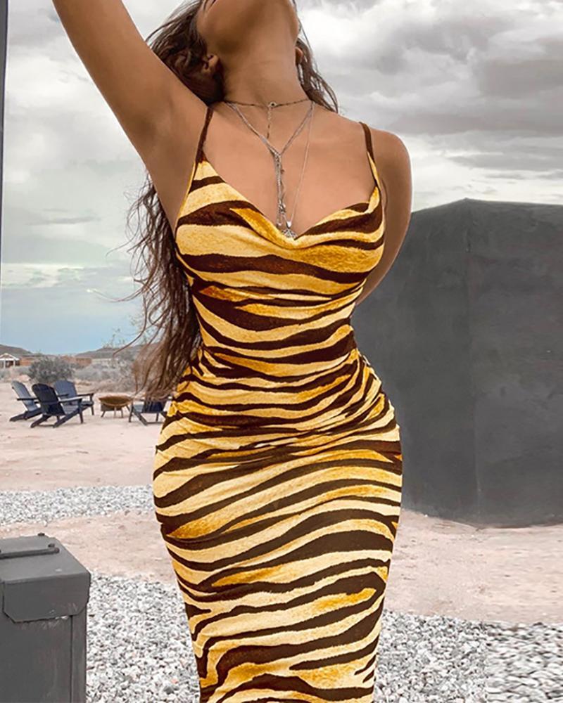 Outlet26 Tiger Striped Spaghetti Strap Backless Dress yellow