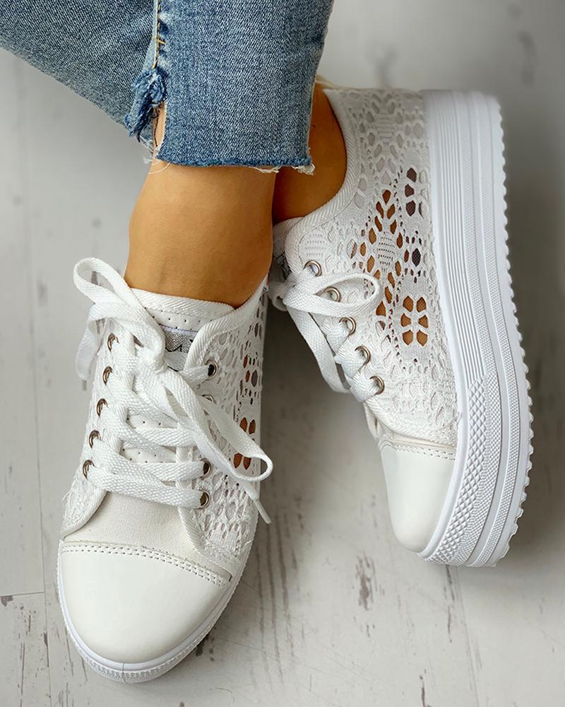 Colorblock Eyelet Hollow Out Lace-Up Sneakers