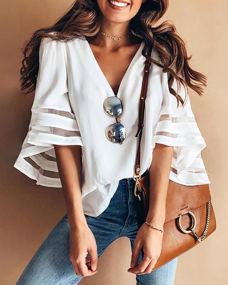 Solid Mesh Splicing Flared Half Sleeve Blouse