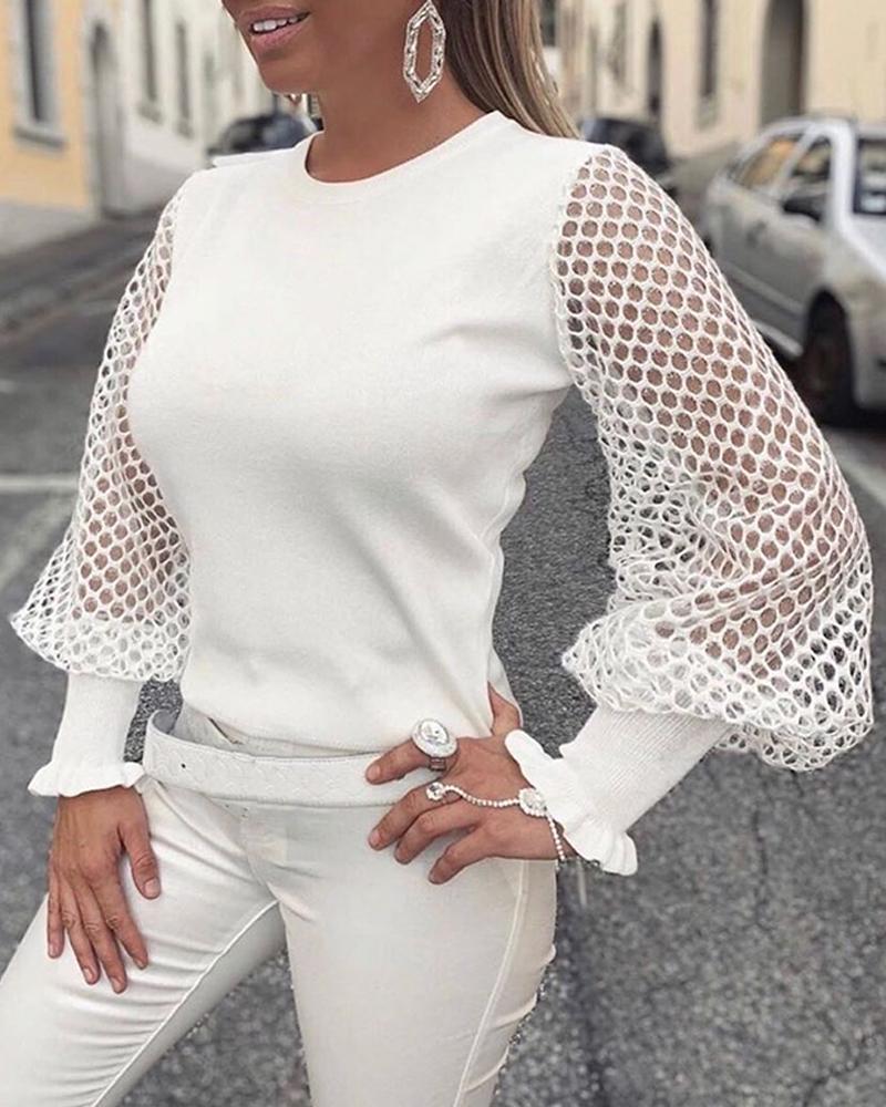 Outlet26 Solid Fishnet Long Sleeve Top white