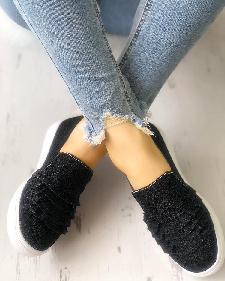 Solid Layered Ruffles Casual Sneakers
