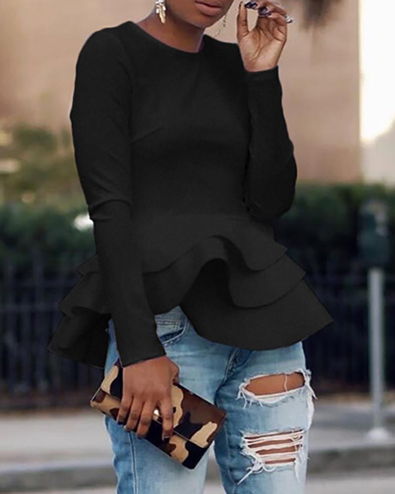 Solid Long Sleeve Layered Ruffles Blouse