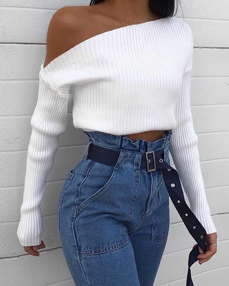 White One-Shoulder Knitted Top