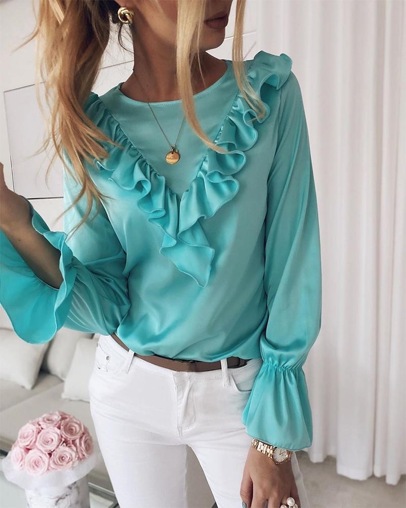 Outlet26 Ruffle Detail Bell Sleeve Top blue