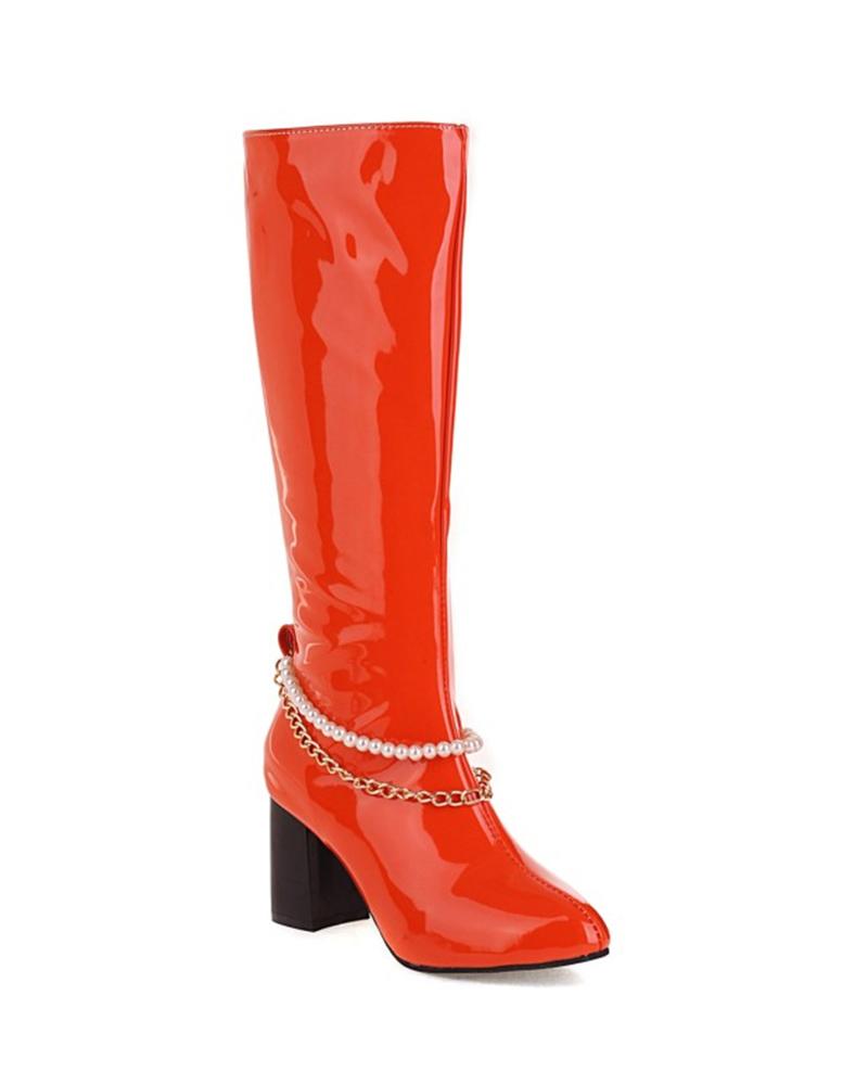 Solid Color Round Toe Knee Length High Boots With Beaded and Chain