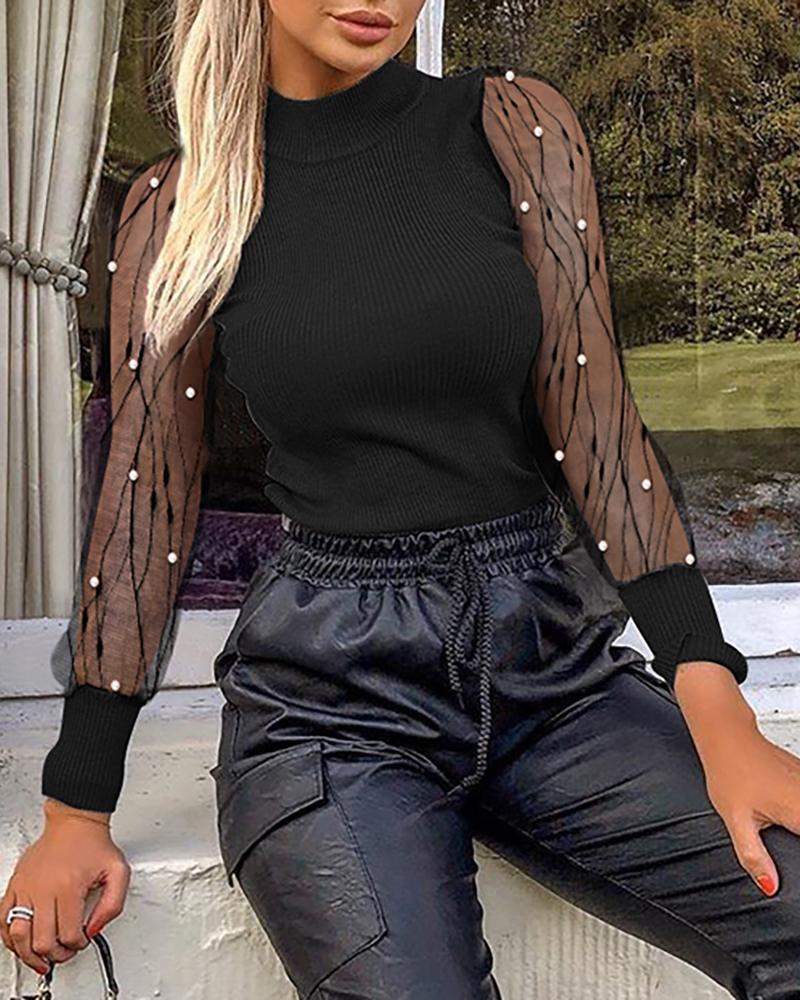 Solid Mesh Patchwork See Through Beaded Detail Blouse