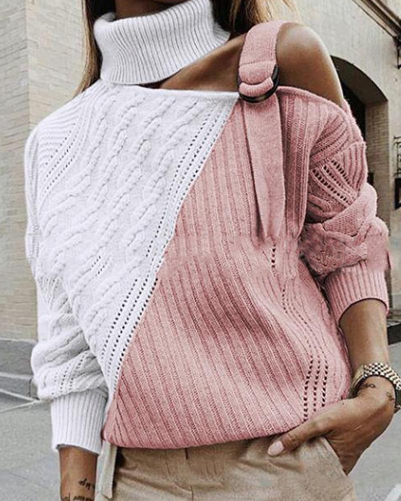 Pointelle Cold Shoulder Contrast Sweater