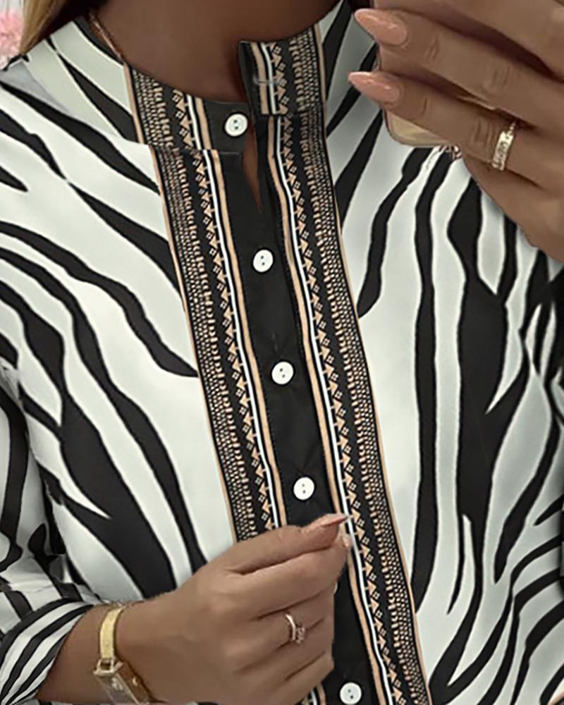 Zebra Print Button Long Sleeve Casual Blouse