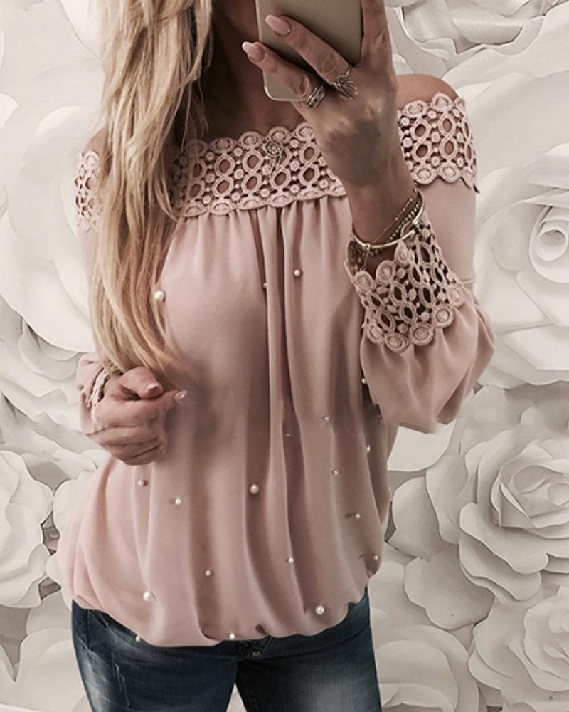 Outlet26 Off Shoulder Beaded Hollow Out Blouse pink
