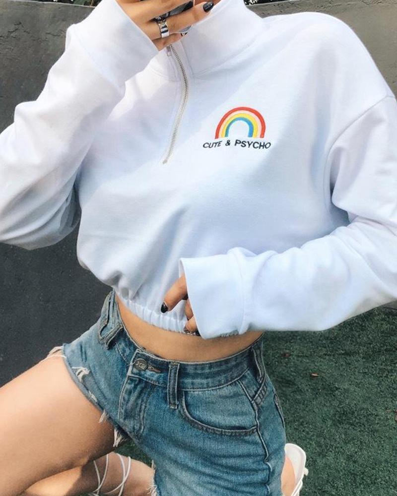 Rainbow Embroidery Crop Sweatshirt