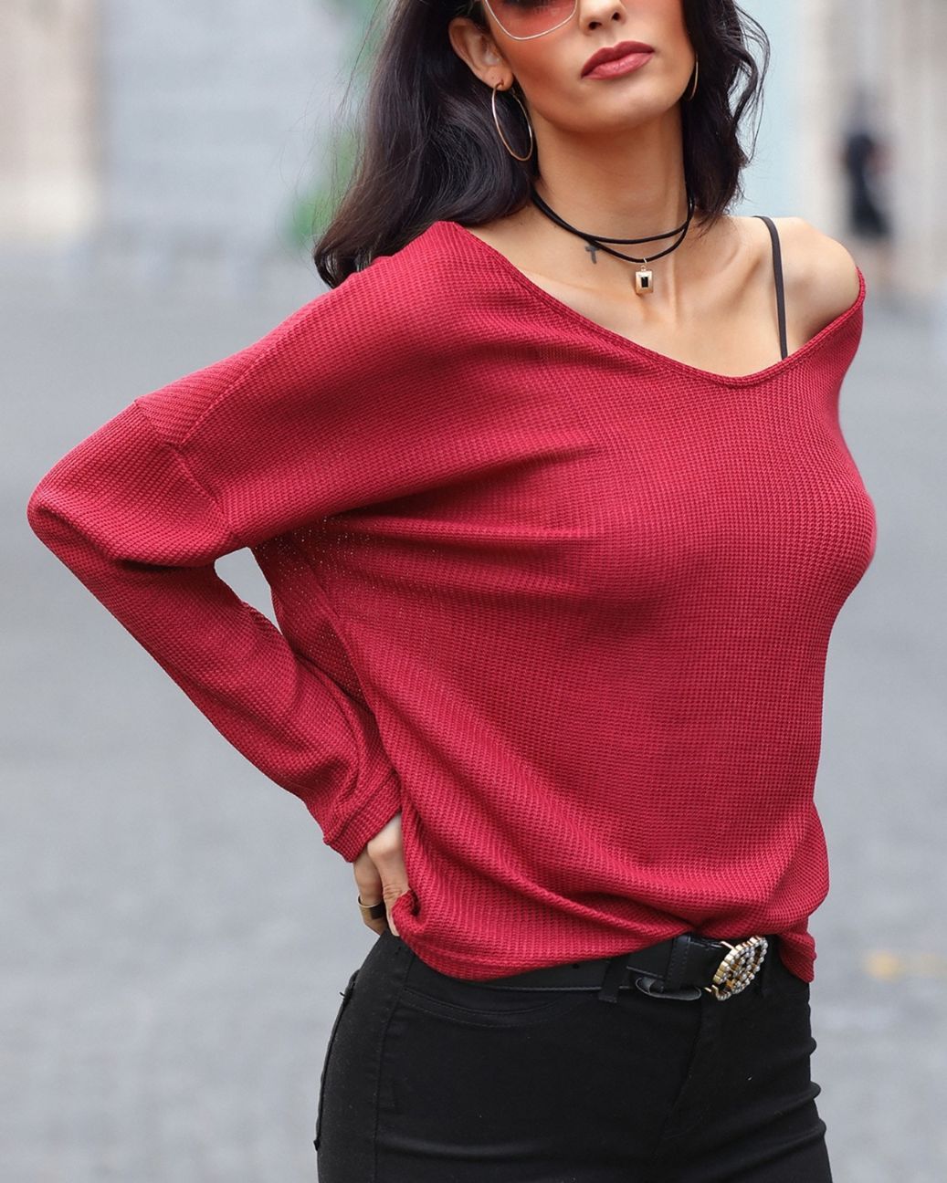Solid Deep V Long Sleeve Pullover Sweater