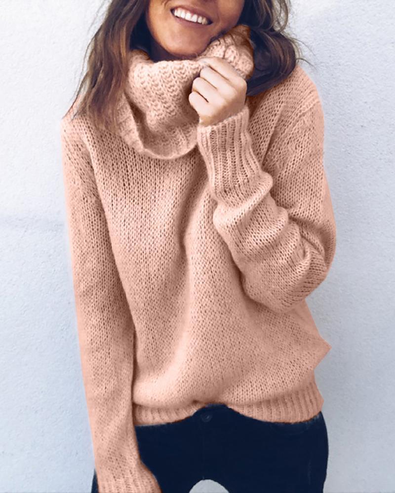 Outlet26 Solid High Neck Long Sleeve Casual Sweater pink