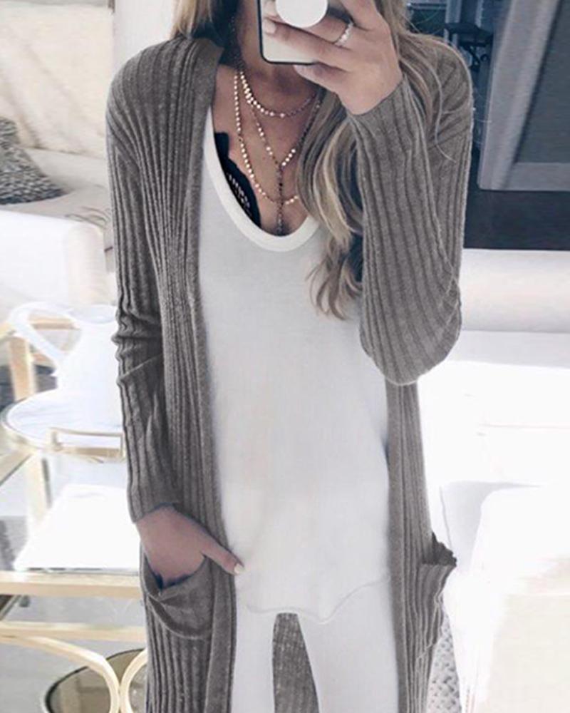 Solid Double Pocket Long Cardigan