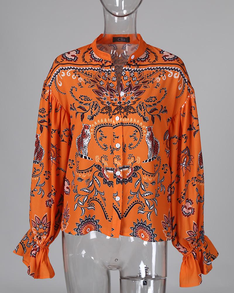 Colorful Print Long Sleeve Buttoned Casual Blouse