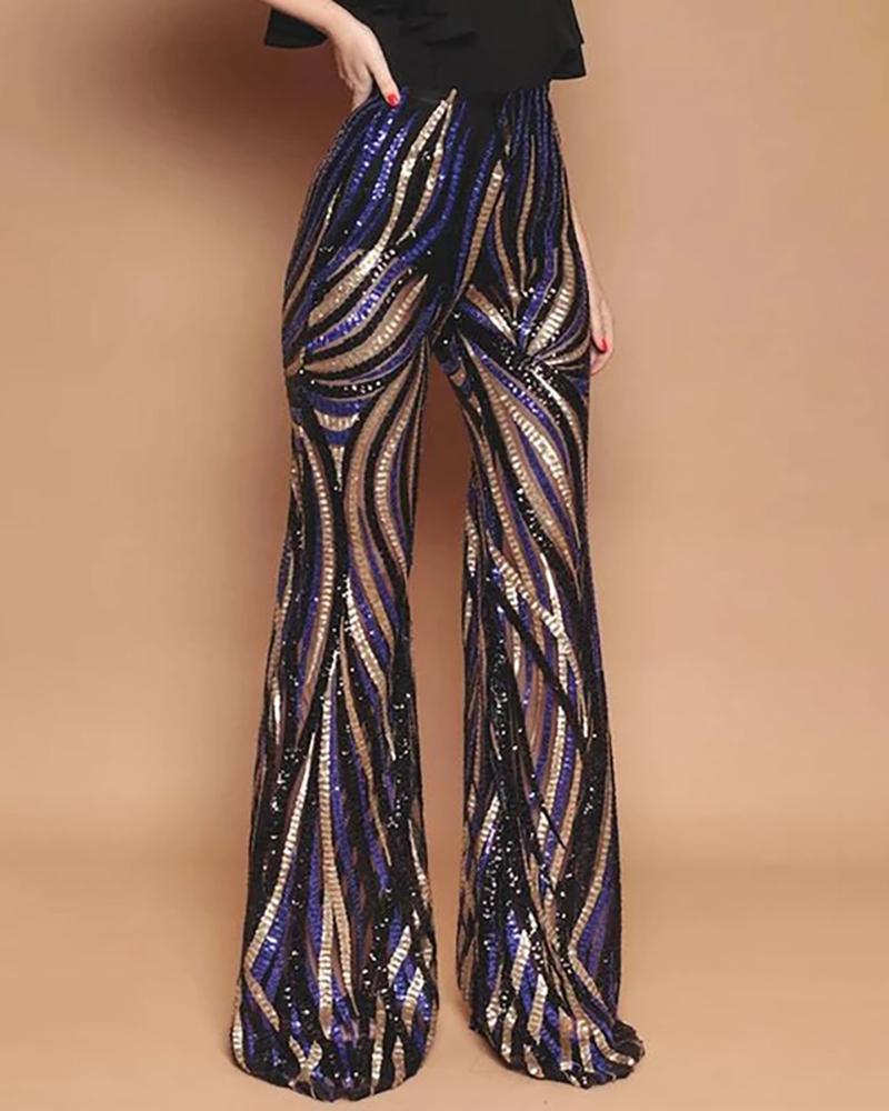 Outlet26 Glitter High Waist Bell-bottomed Styleblock Striped Sequins Pants MultiStyle