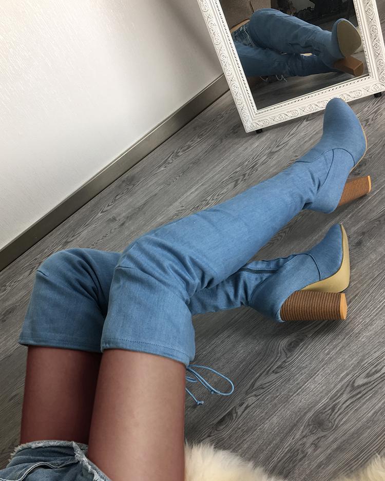 Outlet26 Knee-High Side Zipper Chunky Heeled Boots blue