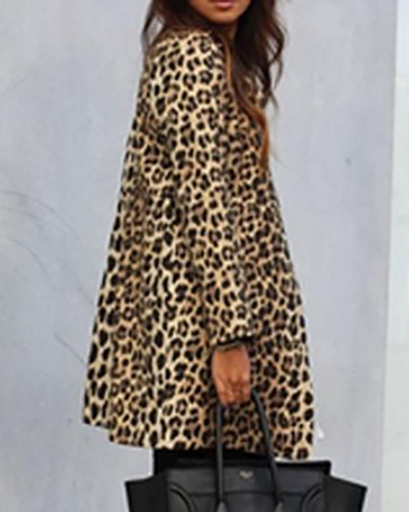 Leopard Print Long Sleeve Casual Longline Coat