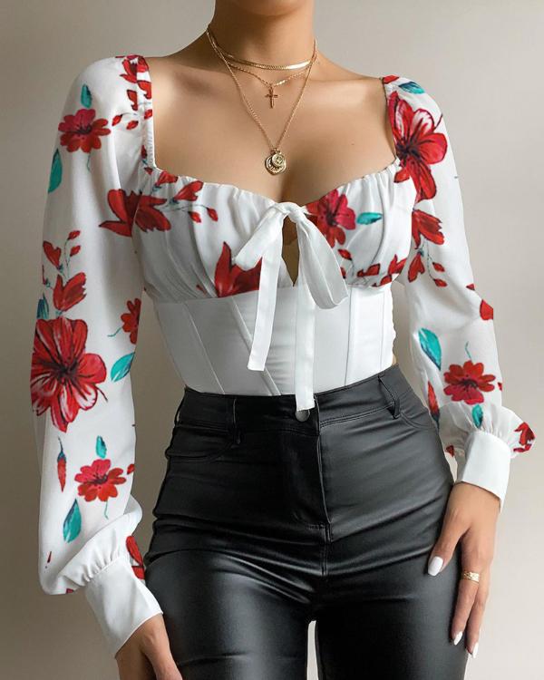 Lantern Sleeve Tie Front Ruched Top