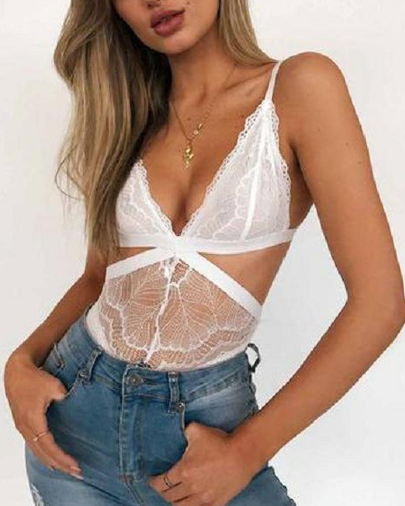 Solid Color Slicing Lace Spaghetti Strap Cut-out Teddies