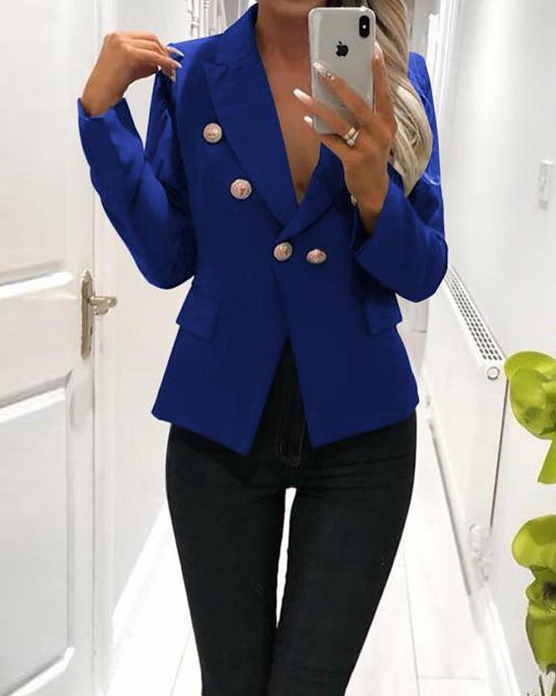 Outlet26 Plain Double Breasted Button Blazer blue