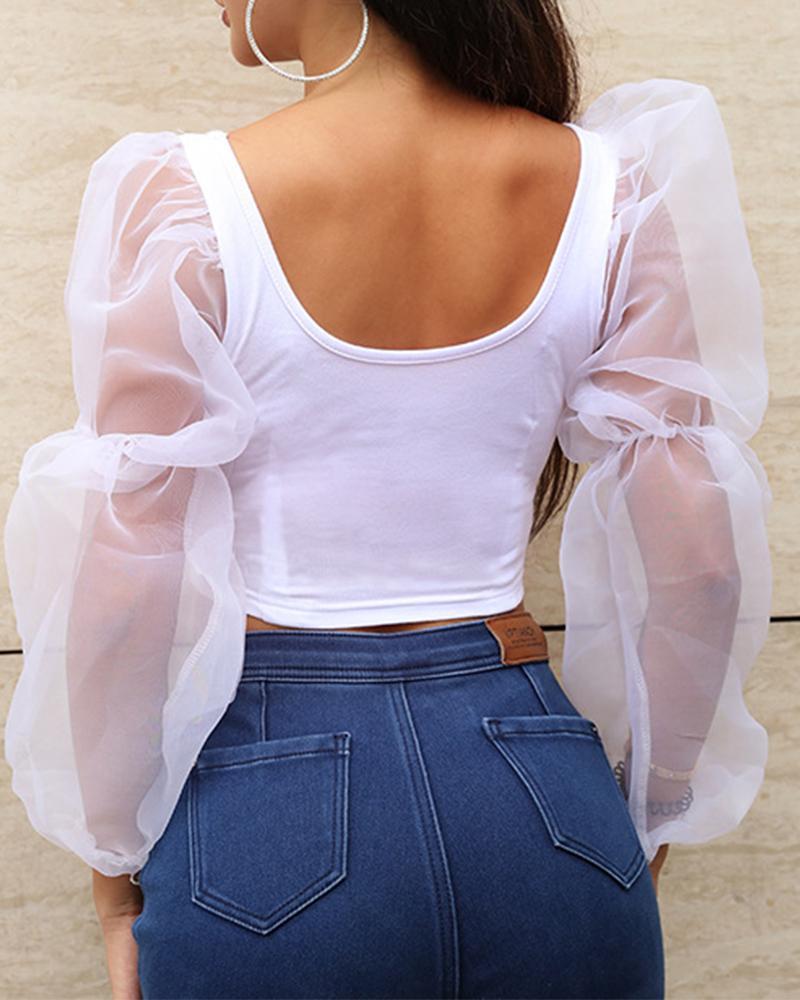 Square Neck Mesh Sleeve Crop Top