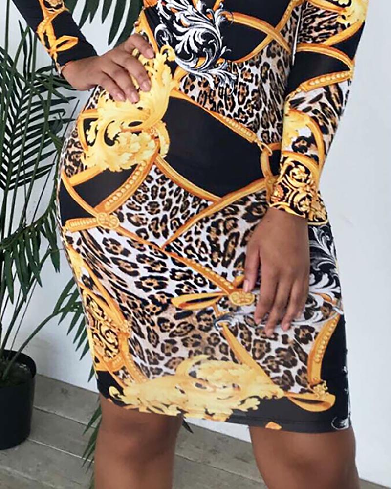 Leopard Paisley Print Long Sleeve Dress