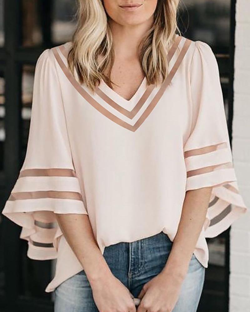 Solid Hollow Out Bell Sleeve V-Neck Blouse